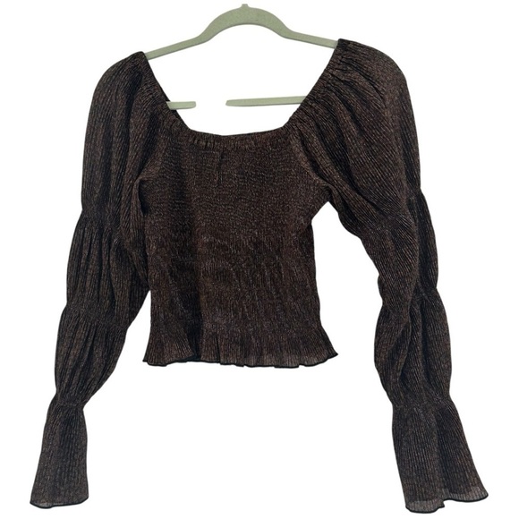 Anthropologie Brown Blouse with Puff Sleeves and Smocked Fit Size Small Sparkle - Picture 3 of 6